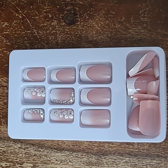 2/$16 Floral Rhinestone French Manicure Press On Nails - Picture 15 of 16